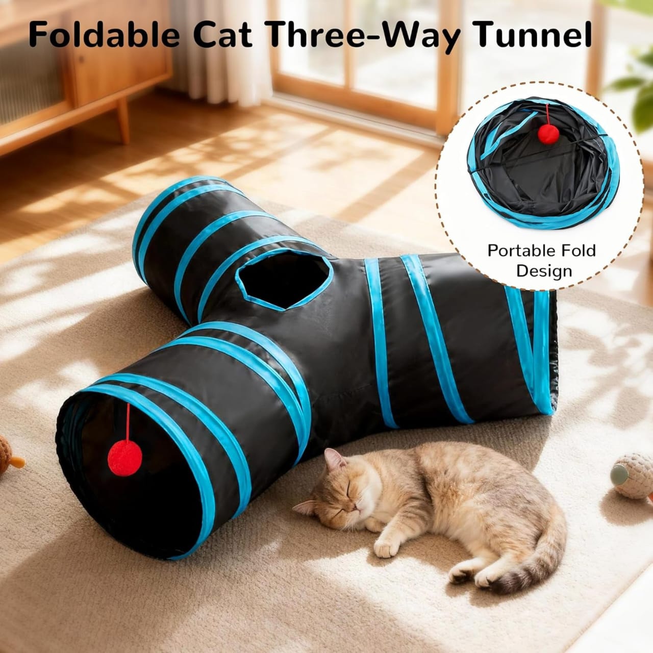Interactive 3-Way Pop-Up Cat Tunnel – Collapsible Play Tube with Peephole & Toy