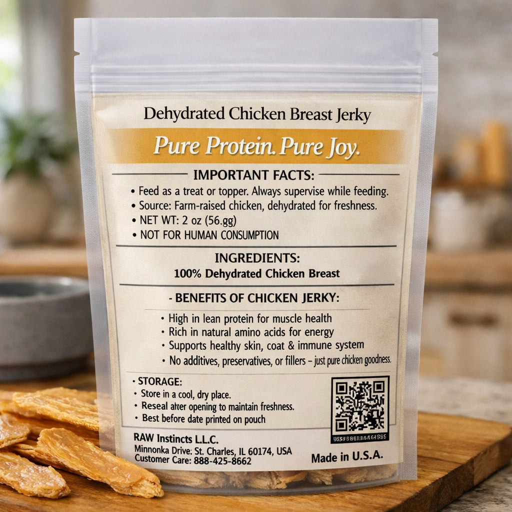 Dehydrated Chicken Breast Jerky – High-Protein Treat for Cats & Dogs | 3.5oz | Raw Instincts