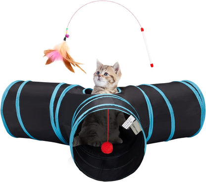 Interactive 3-Way Pop-Up Cat Tunnel – Collapsible Play Tube with Peephole & Ball
