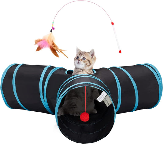 Interactive 3-Way Pop-Up Cat Tunnel – Collapsible Play Tube with Peephole & Ball
