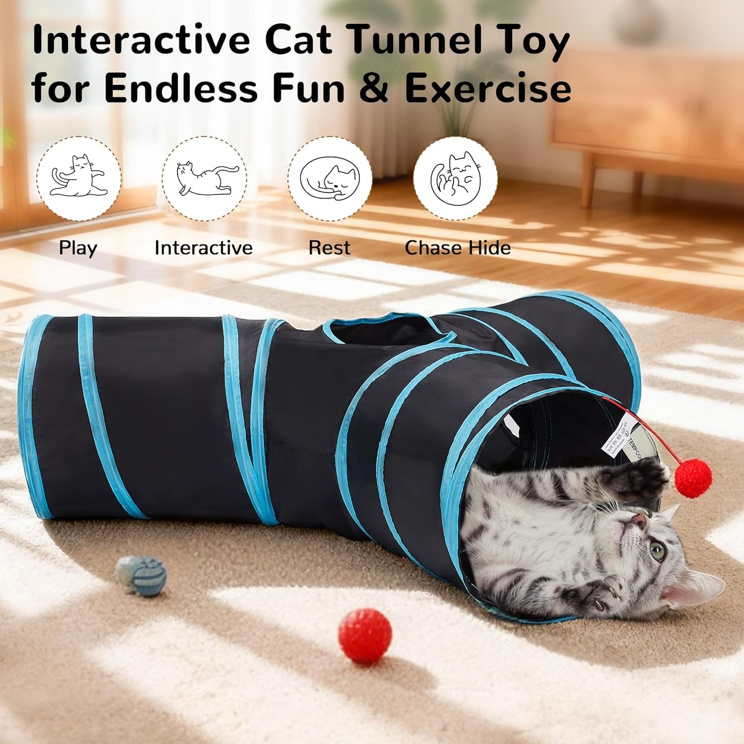 Interactive 3-Way Pop-Up Cat Tunnel – Collapsible Play Tube with Peephole & Ball