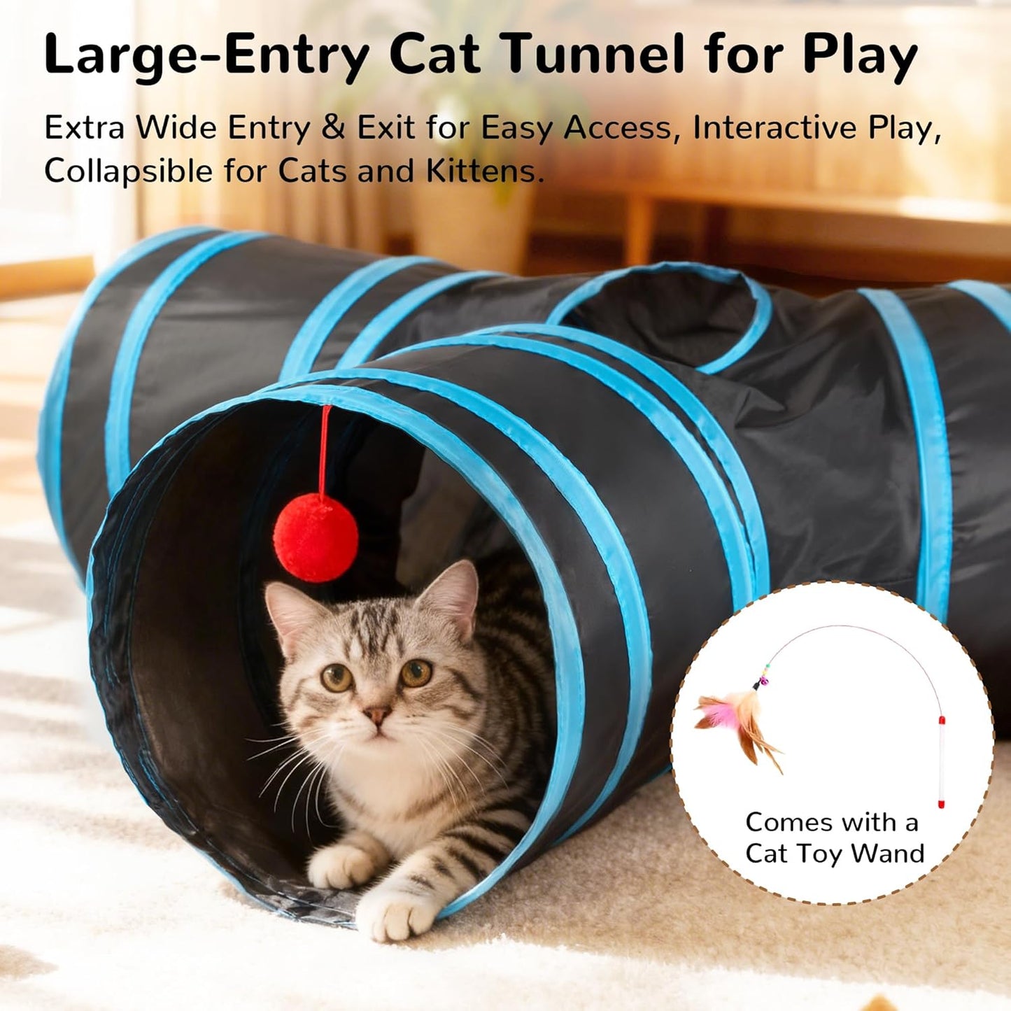 Interactive 3-Way Pop-Up Cat Tunnel – Collapsible Play Tube with Peephole & Ball