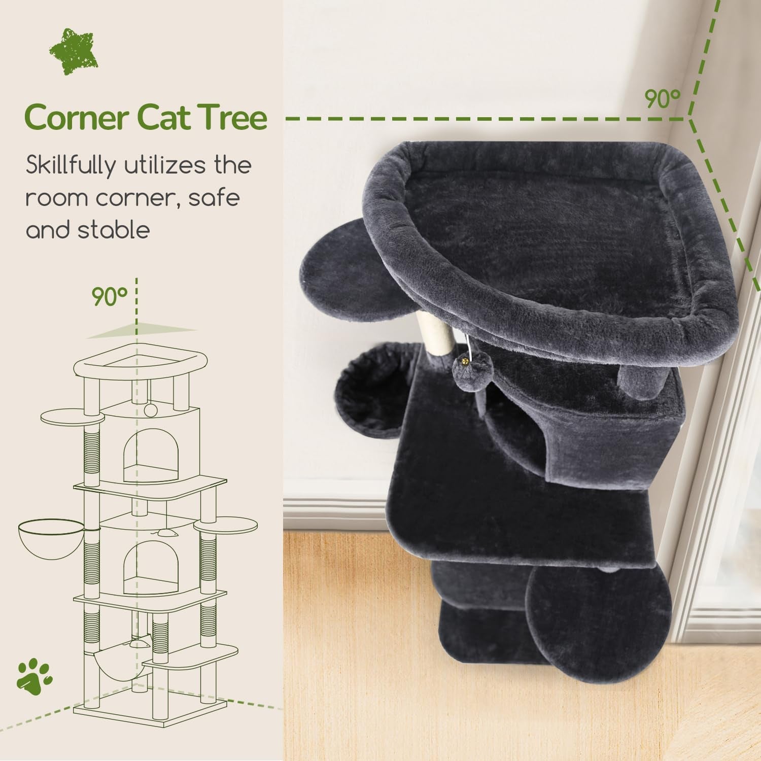 ZenCurve™ 66” Luxury Corner Cat Tower – Modern Space-Saving Design with Dual Condos & Oversized Perch