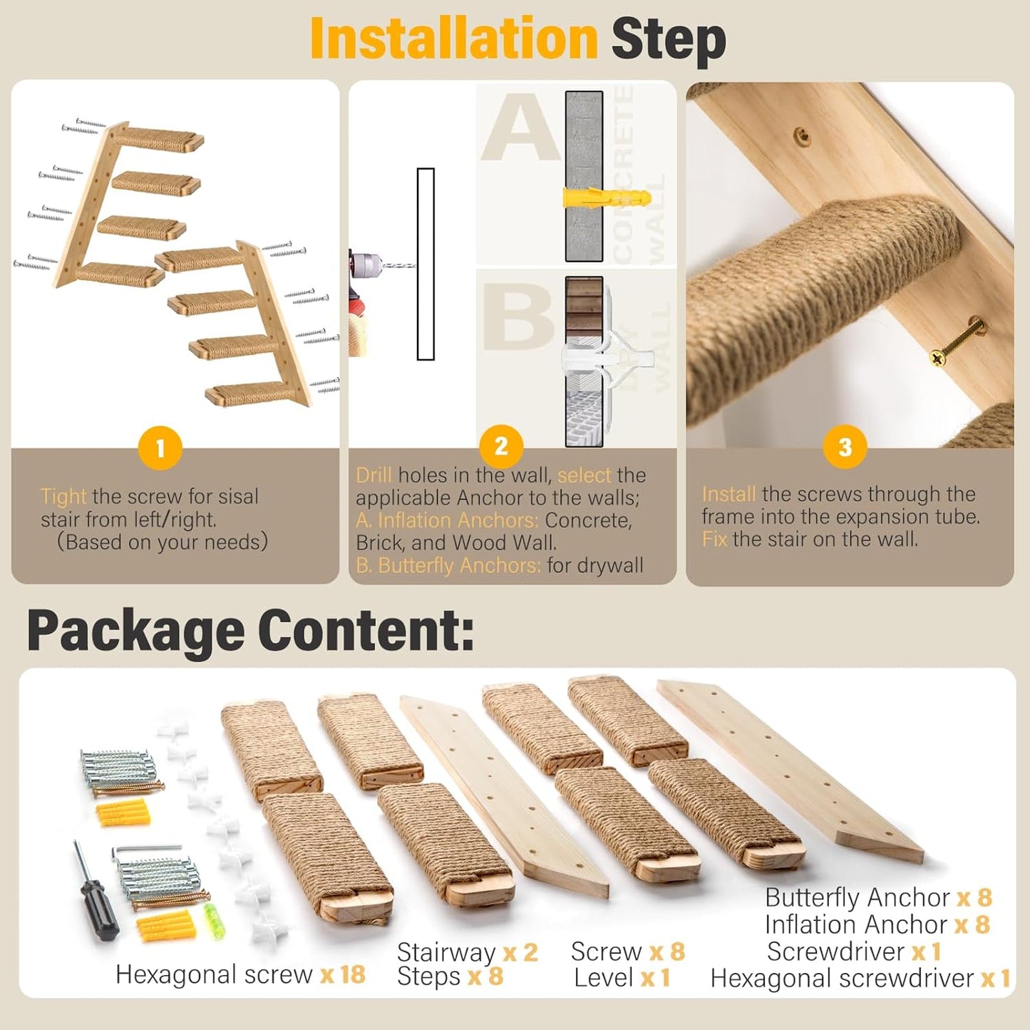 Ascend™ 2-Pack Reinforced Cat Wall Stairs – Heavy-Duty Sisal-Wrapped Steps for Large Cats