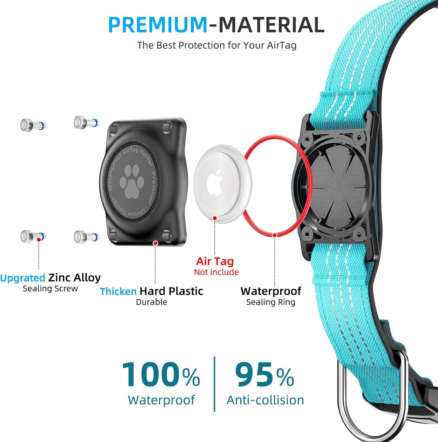 Pro-Guard Waterproof AirTag Dog Collar – Reflective & Heavy-Duty Security (Blue, Medium)