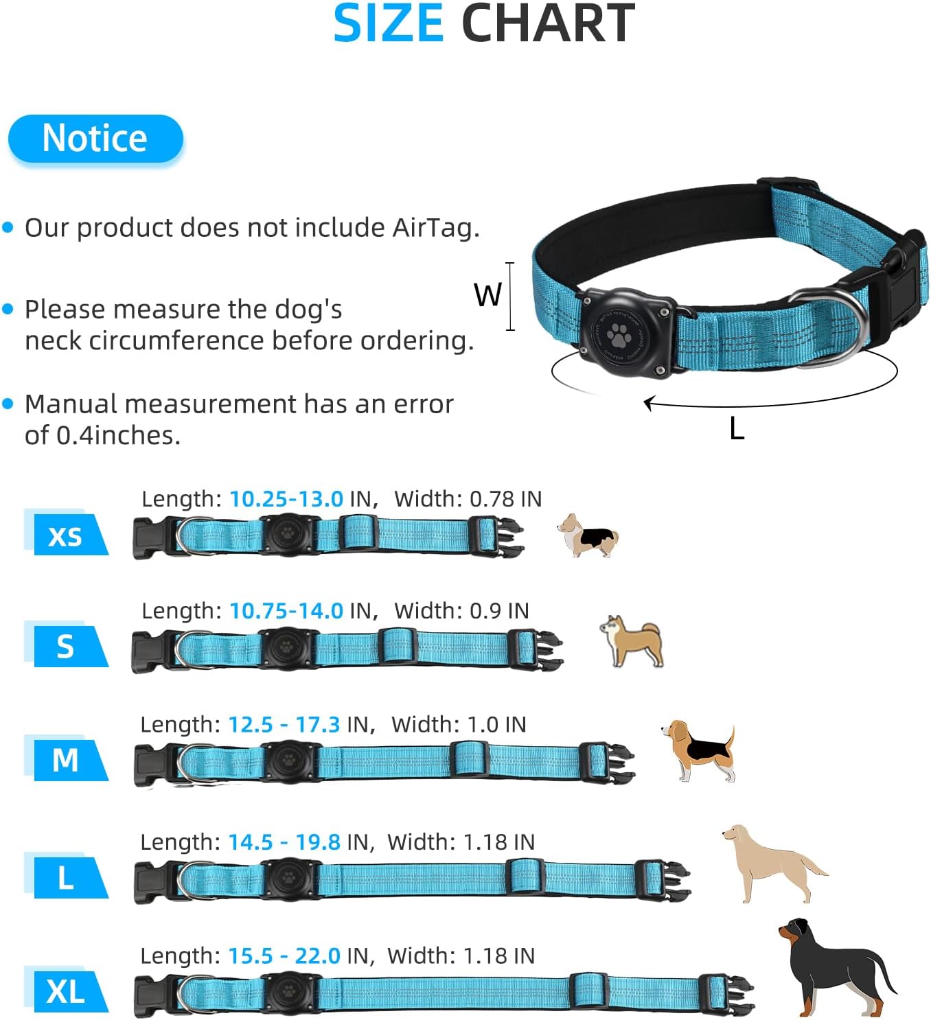 Pro-Guard Waterproof AirTag Dog Collar – Reflective & Heavy-Duty Security (Blue, Medium)