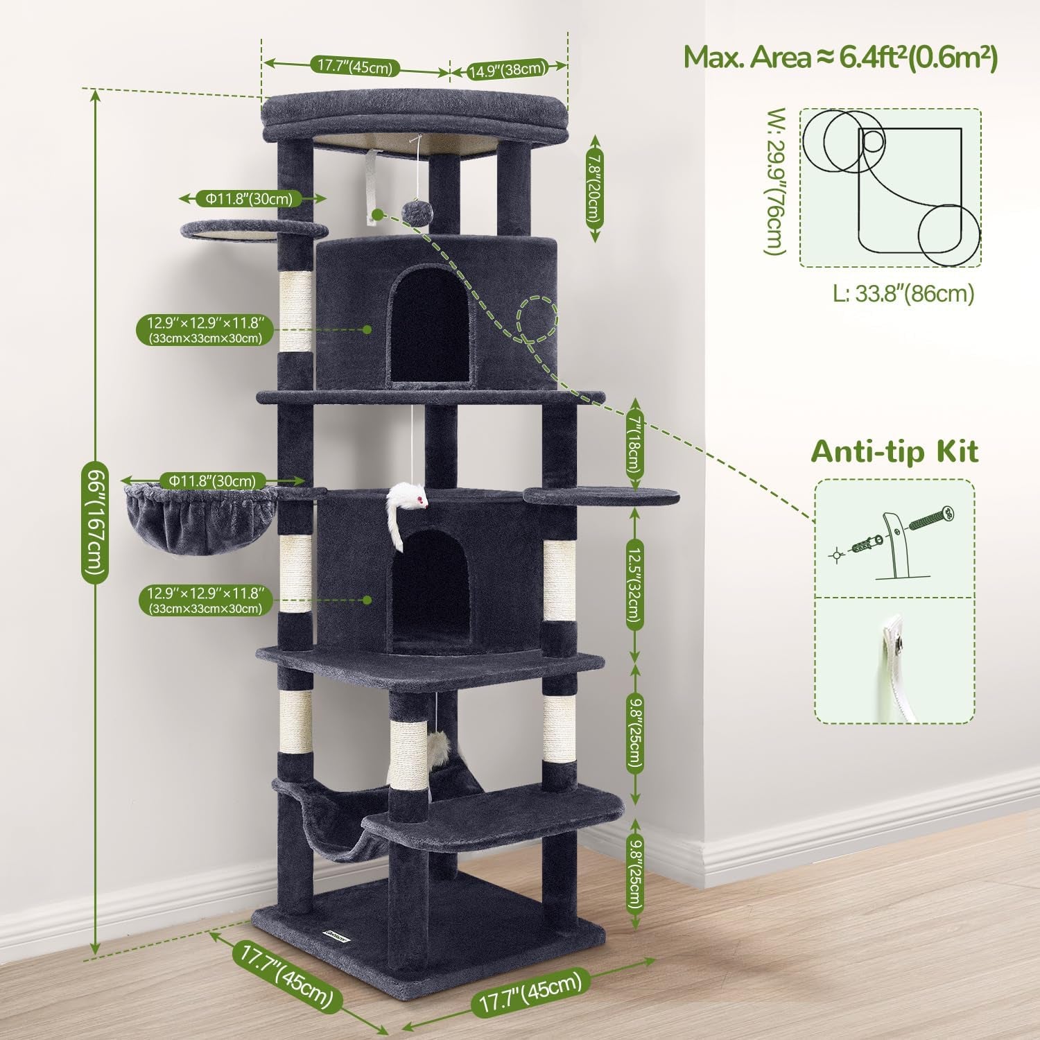 ZenCurve™ 66” Luxury Corner Cat Tower – Modern Space-Saving Design with Dual Condos & Oversized Perch