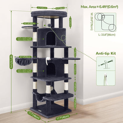 ZenCurve™ 66” Luxury Corner Cat Tower – Modern Space-Saving Design with Dual Condos & Oversized Perch