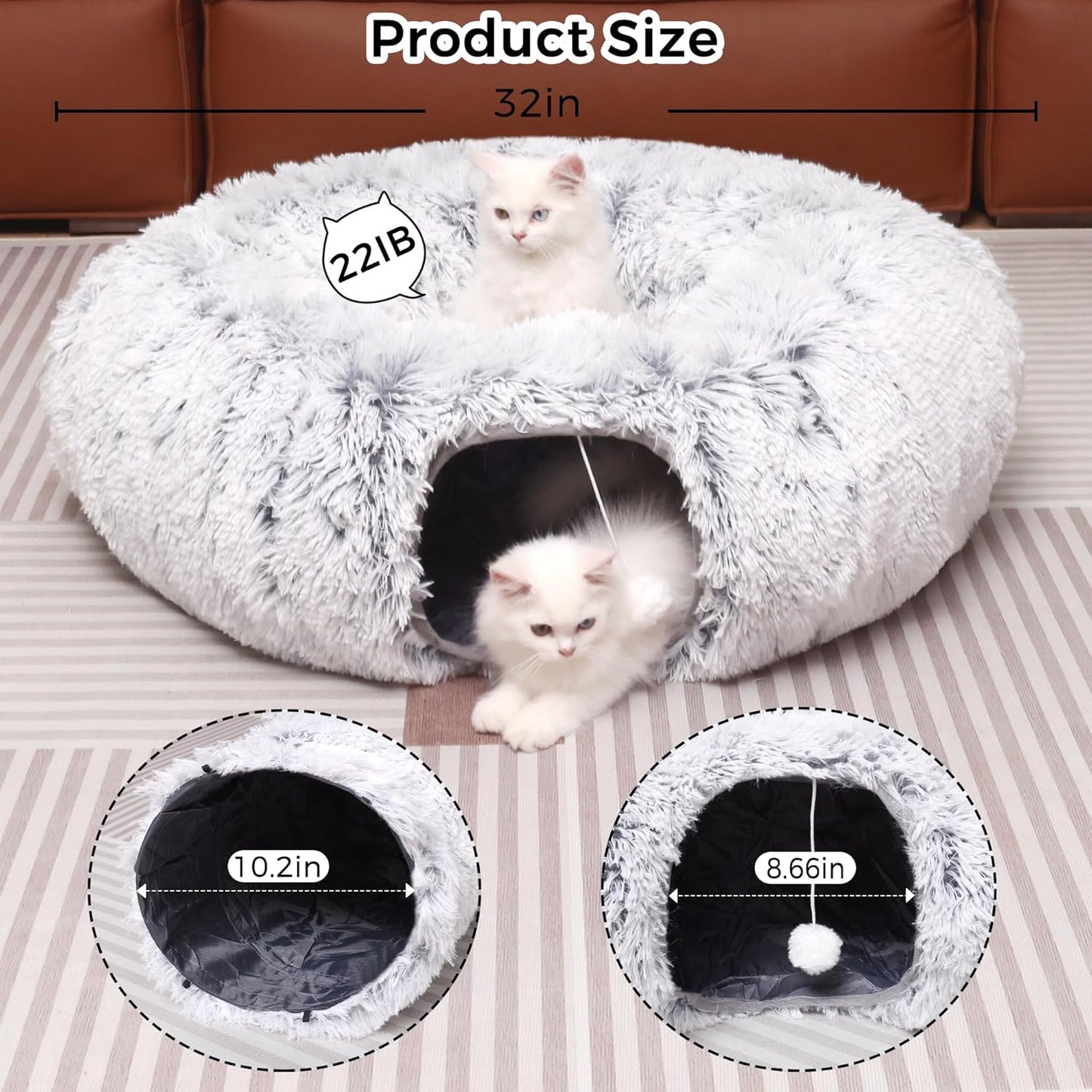 2-in-1 Luxury Plush Cat Tunnel & Donut Bed – Cozy Multi-Shape Play Center (Grey)