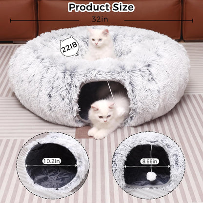 2-in-1 Luxury Plush Cat Tunnel & Donut Bed – Cozy Multi-Shape Play Center (Grey)