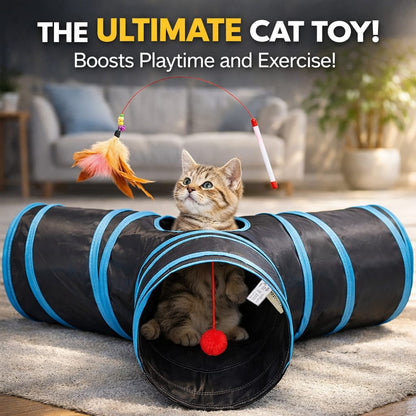 Interactive 3-Way Pop-Up Cat Tunnel – Collapsible Play Tube with Peephole & Toy