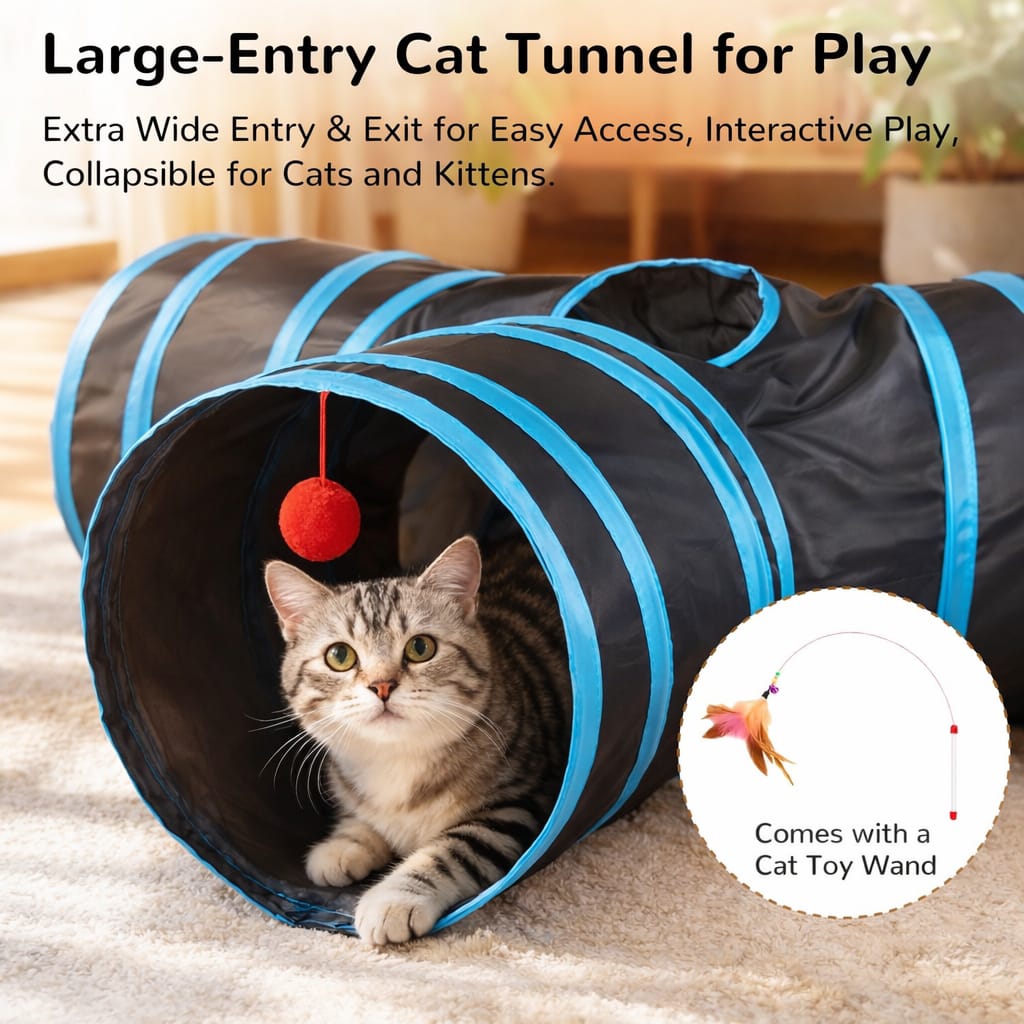Interactive 3-Way Pop-Up Cat Tunnel – Collapsible Play Tube with Peephole & Toy
