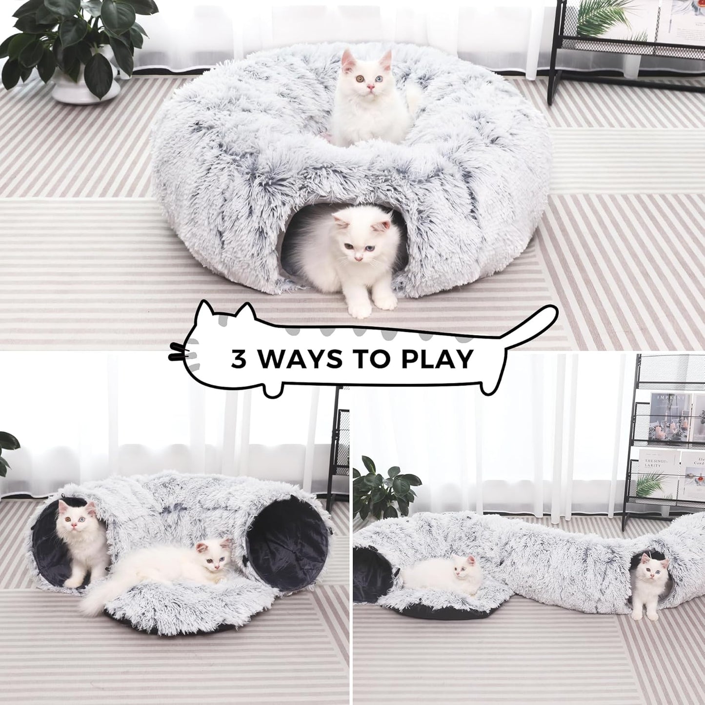 2-in-1 Luxury Plush Cat Tunnel & Donut Bed – Cozy Multi-Shape Play Center (Grey)