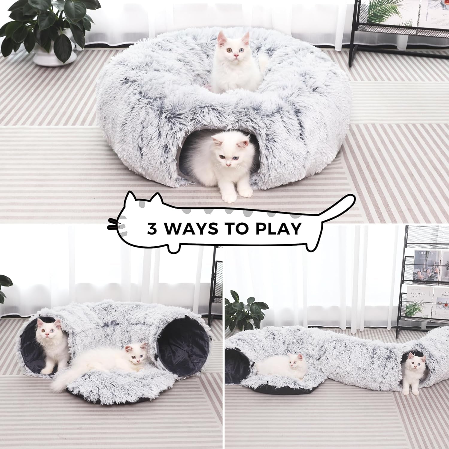 2-in-1 Luxury Plush Cat Tunnel & Donut Bed – Cozy Multi-Shape Play Center (Grey)