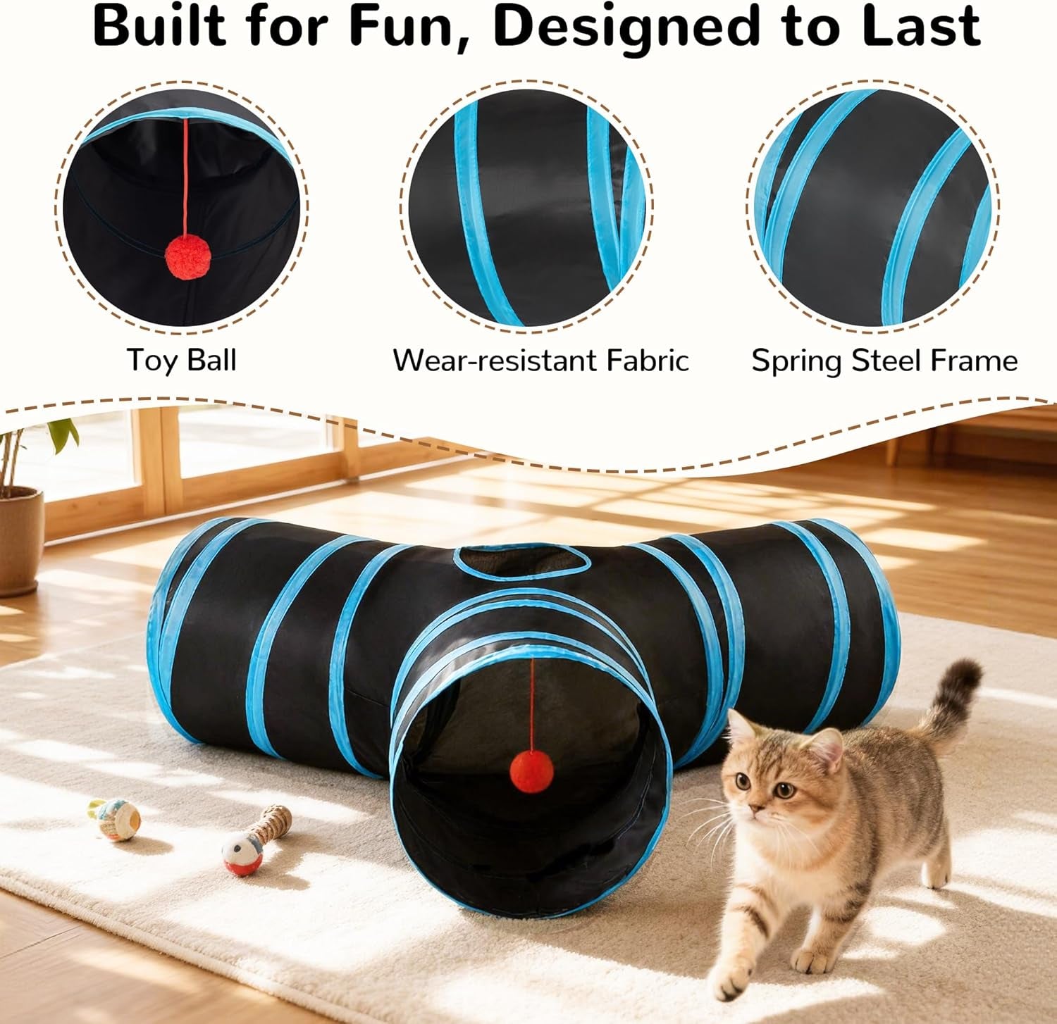 Interactive 3-Way Pop-Up Cat Tunnel – Collapsible Play Tube with Peephole & Ball