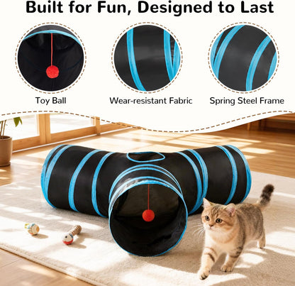 Interactive 3-Way Pop-Up Cat Tunnel – Collapsible Play Tube with Peephole & Ball