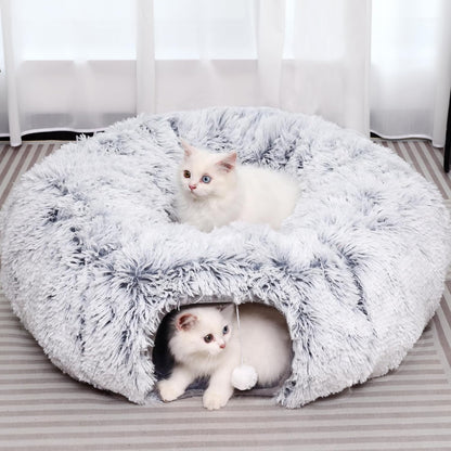 2-in-1 Luxury Plush Cat Tunnel & Donut Bed – Cozy Multi-Shape Play Center (Grey)