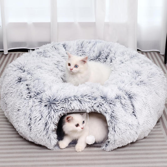 2-in-1 Luxury Plush Cat Tunnel & Donut Bed – Cozy Multi-Shape Play Center (Grey)