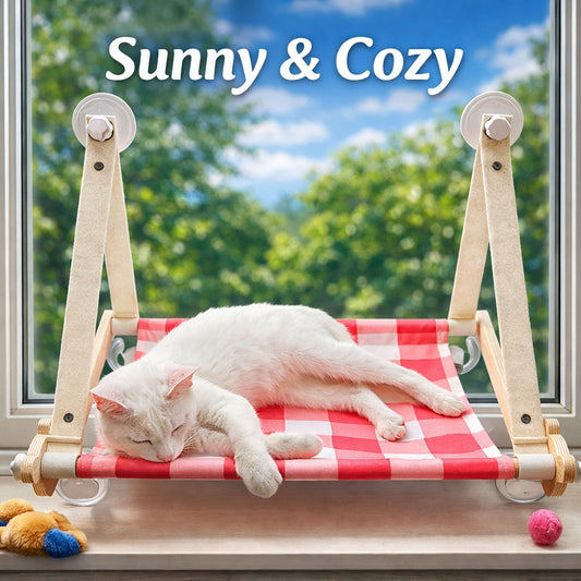 Wooden Window Cat Hammock | Foldable Sun Seat Bed with Strong Suction Cups
