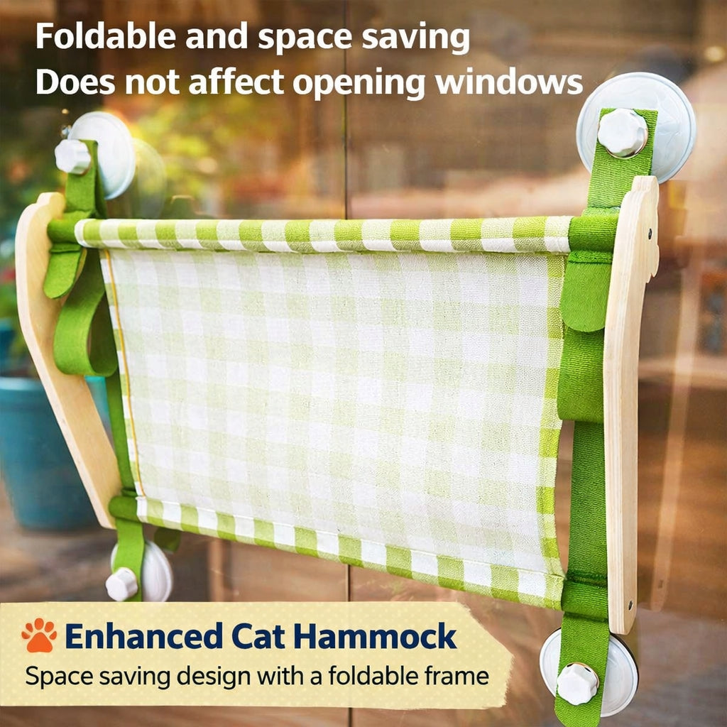 Wooden Window Cat Hammock | Foldable Sun Seat Bed with Strong Suction Cups