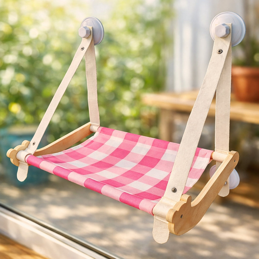 Wooden Window Cat Hammock | Foldable Sun Seat Bed with Strong Suction Cups