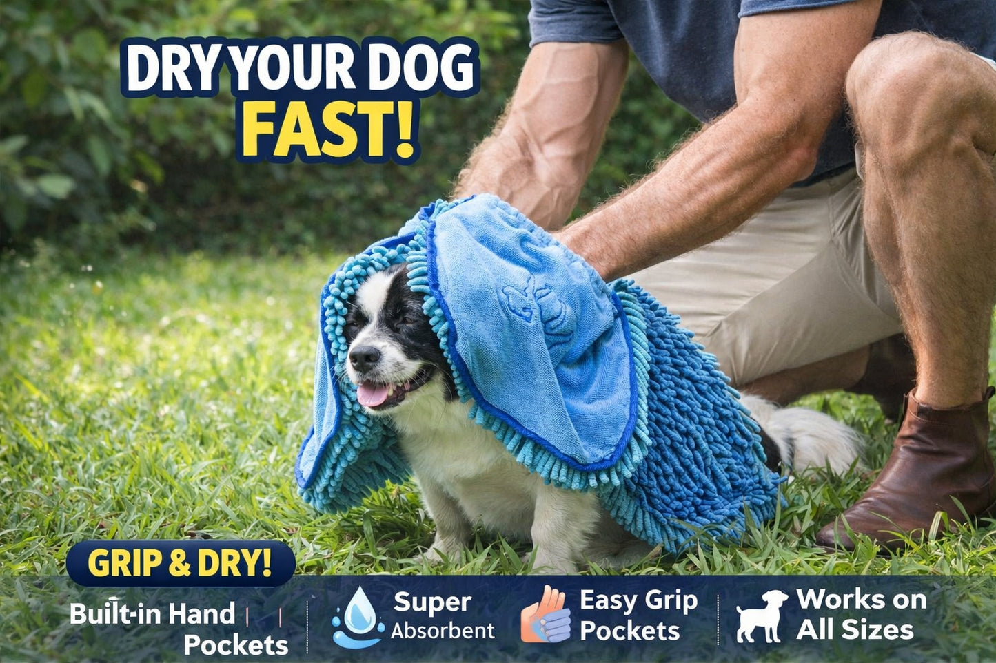 ApexDry™ Ultra-Absorbent Microfiber Dog Towel with Hand Pockets (35" x 15")